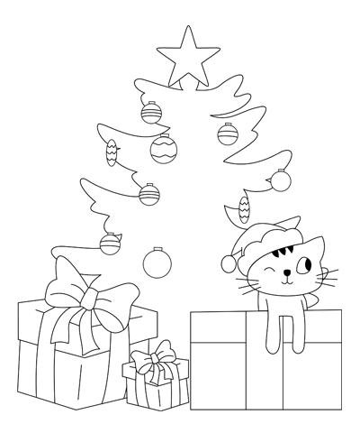 Cat with Gift & Christmas Tree Coloring Page