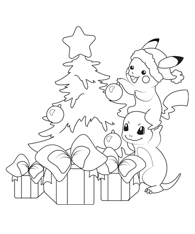 Christmas Pikachu & Charry Coloring Page