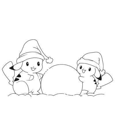 Pikachu with Christmas Snowball Coloring Page