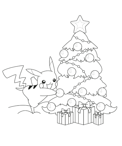 Pikachu Under the Christmas Tree Coloring Page