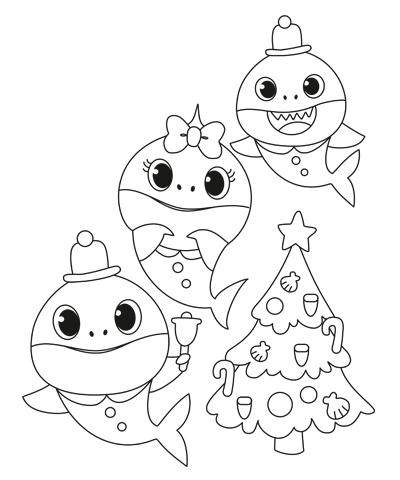 Three Cute Christmas Baby Sharks Coloring Page