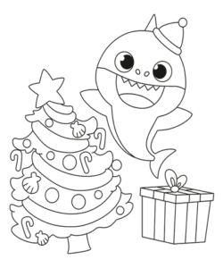 Baby Shark with Christmas Tree Coloring Page