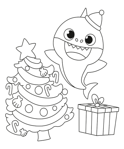 Smiling Baby Shark & Christmas Tree Coloring Page
