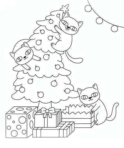 Three Сats on a Сhristmas Tree Сoloring Page