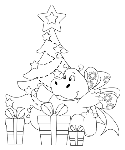 Hippo & Christmas Tree Coloring Page