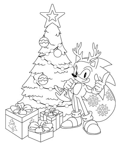 Sonic with Christmas Tree Coloring Page