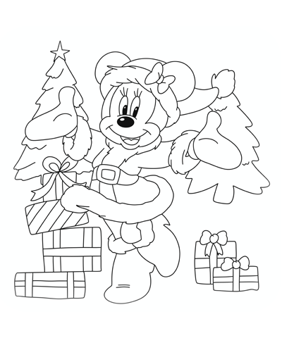 Christmas Minnie Mouse With Gifts Coloring Page