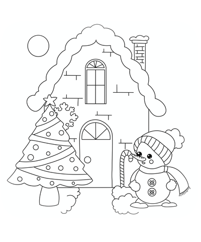 Christmas House & Snowman Coloring Page