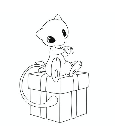 Mew Sitting on a Gift Christmas Coloring Page