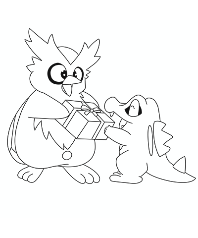 Owl and Totodile Christmas Coloring Page